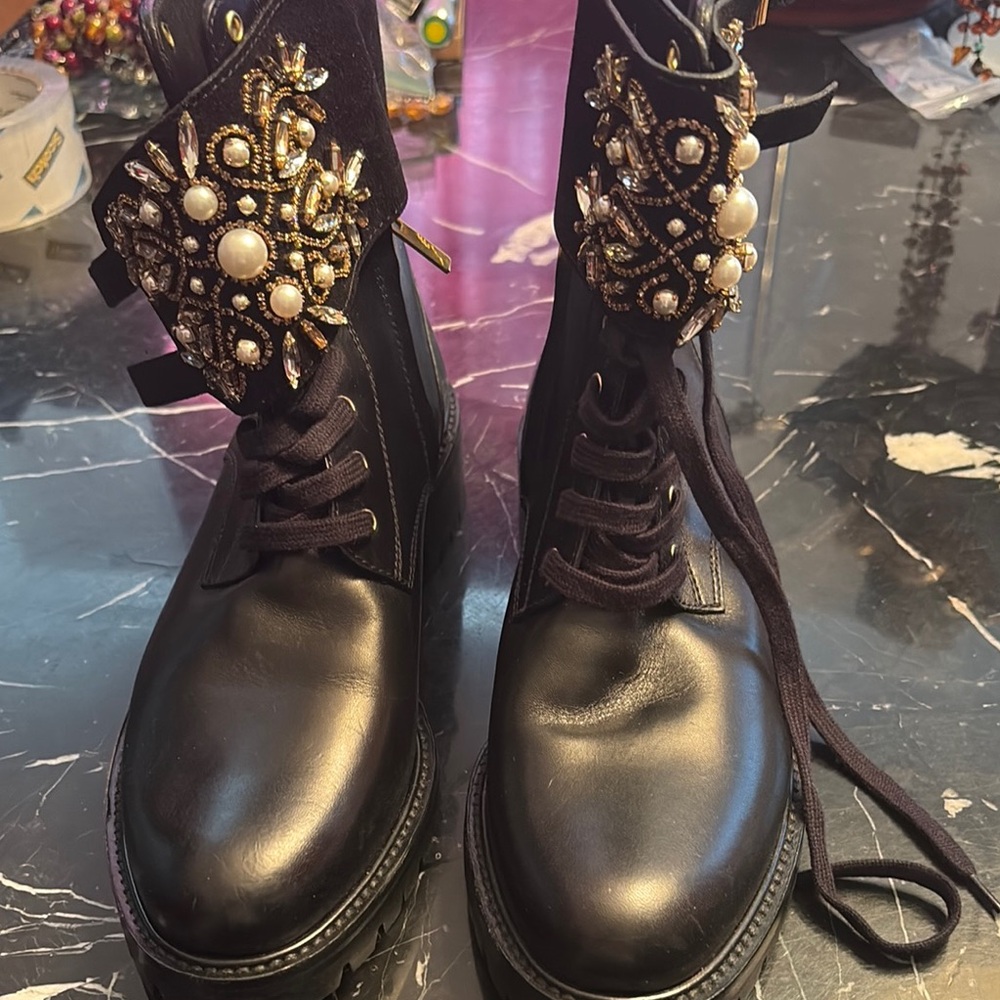 Rene Caovilla Black Embellished Lace-Up Boots